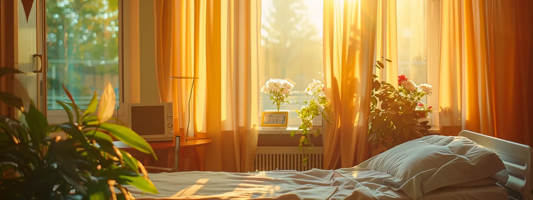 a poignant scene depicting a serene hospice environment that contrasts with vibrant, hopeful elements of palliative care, showcasing warm lighting filtering through gentle curtains, emphasizing the themes of comfort and distinction.