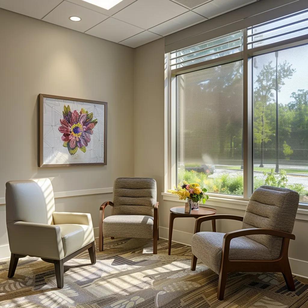 a warm and inviting hospice consultation room features a comfortable seating area with soothing decor, soft lighting, and a tranquil color palette, emphasizing the theme of holistic care and compassionate support.