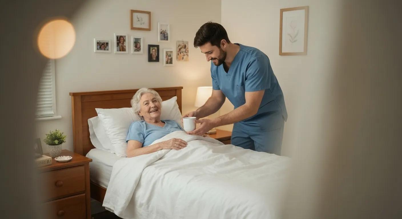 Hospice caregiver providing compassionate support to an elderly patient in a cozy home setting