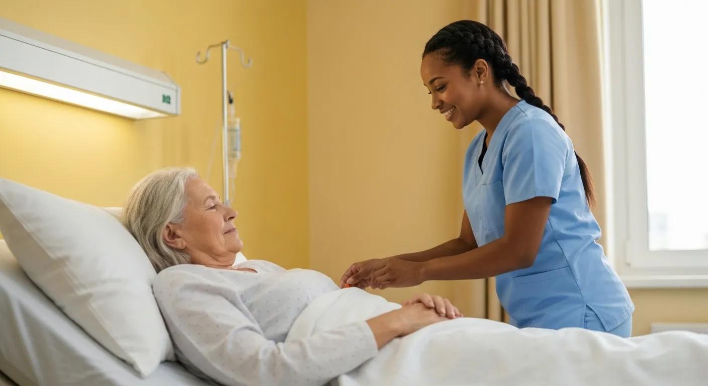 Healthcare professional providing compassionate care to a patient in a warm, supportive environment