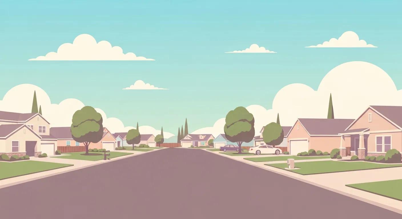 Illustration of a peaceful suburban neighborhood with houses, trees, and a clear sky, representing community and comfort, relevant to holistic hospice care services in Chino, CA.