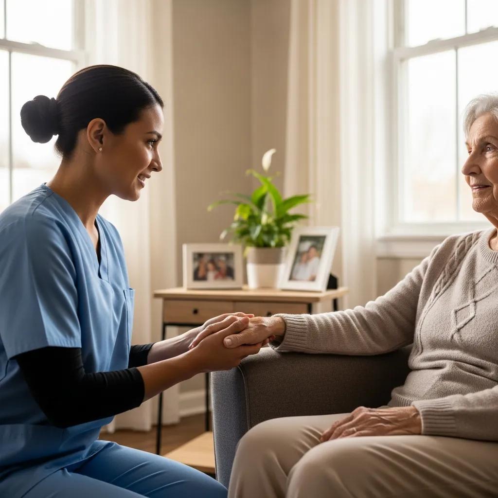 Compassionate caregiver providing comfort to a terminally ill patient in a serene home environment