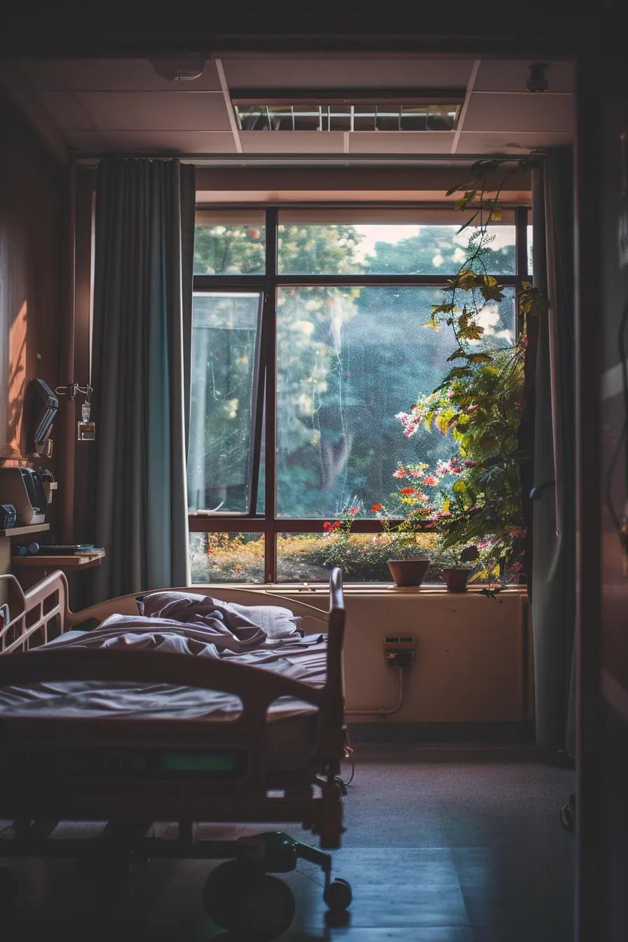 Hospital room with two empty beds, sunlight streaming through a large window adorned with plants and flowers, emphasizing a serene environment for palliative care.