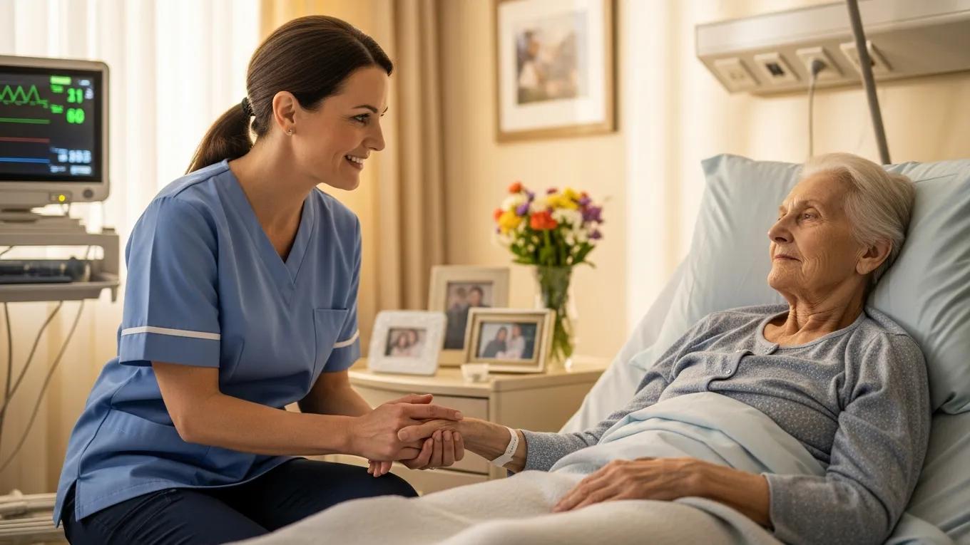 Hospice care environment with a nurse providing compassionate support to a cancer patient