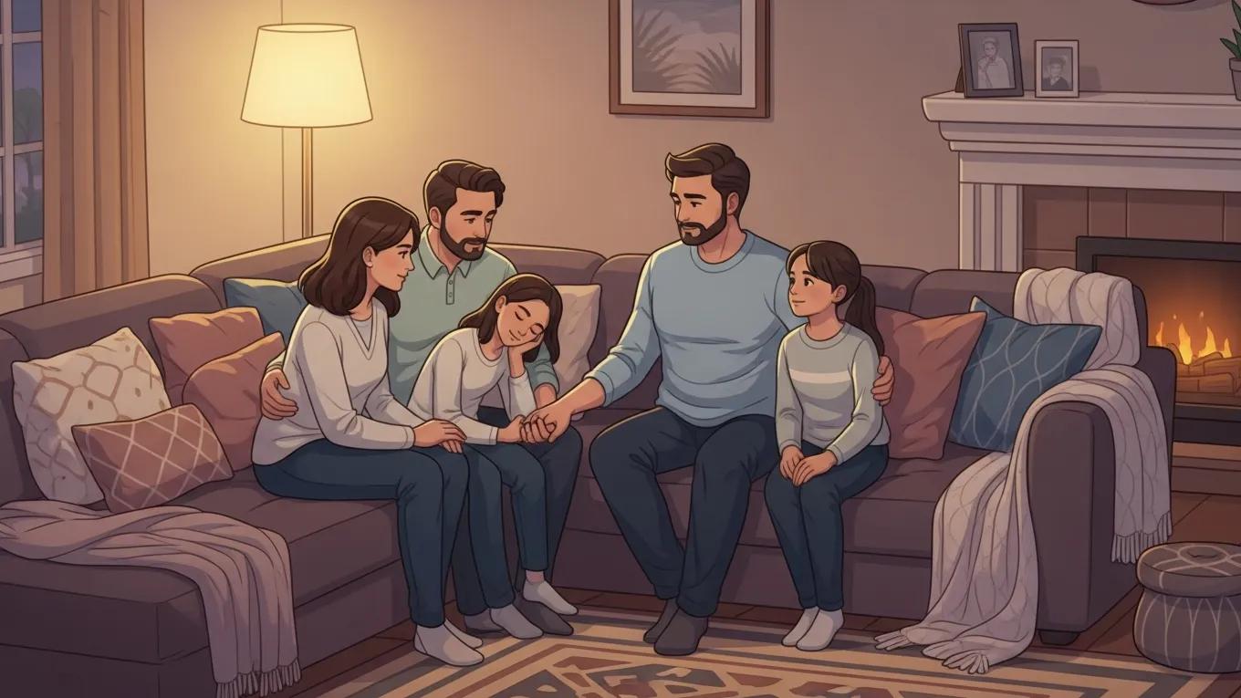 Family sharing memories in a cozy living room, representing grief counseling Chino CA