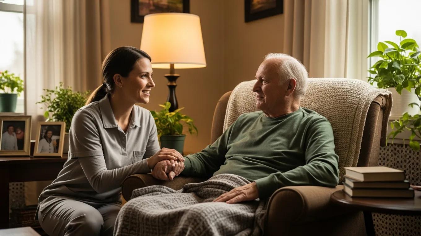 Caregiver providing compassionate support to an ALS patient in a home setting