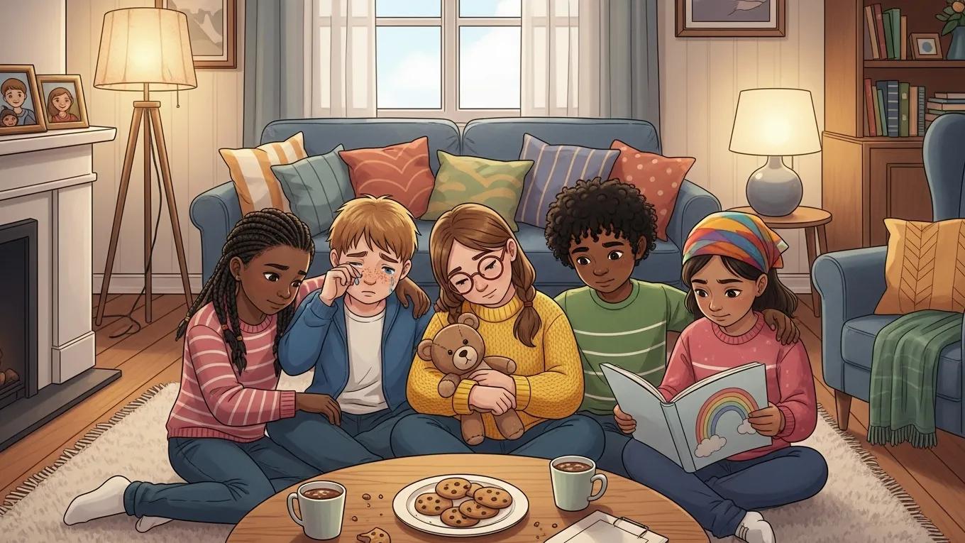 Children supporting each other in grief, cozy living room setting
