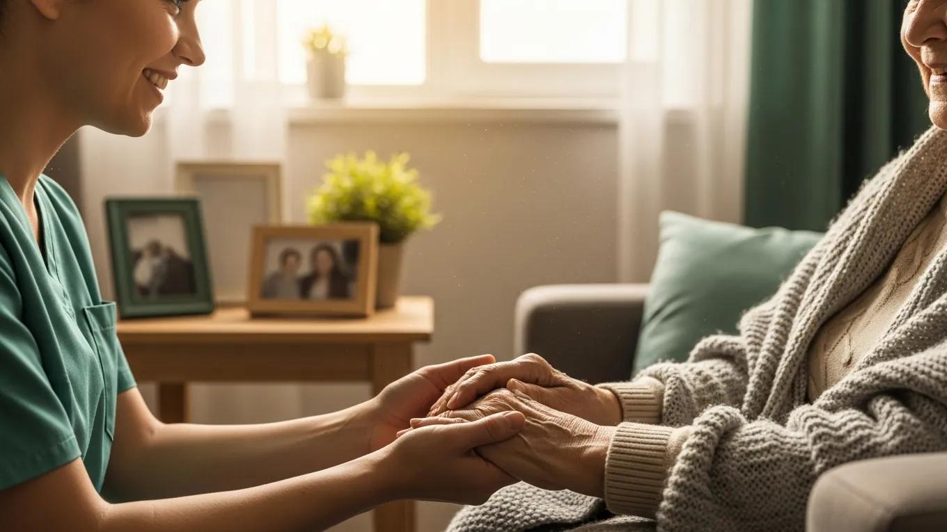 Emotional connection between caregiver and elderly person in a home setting, illustrating caregiver support