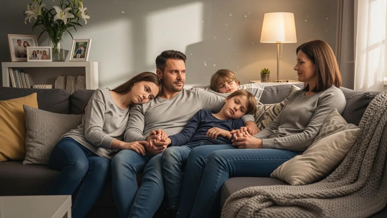 Family sharing memories and support in a cozy living room during grief