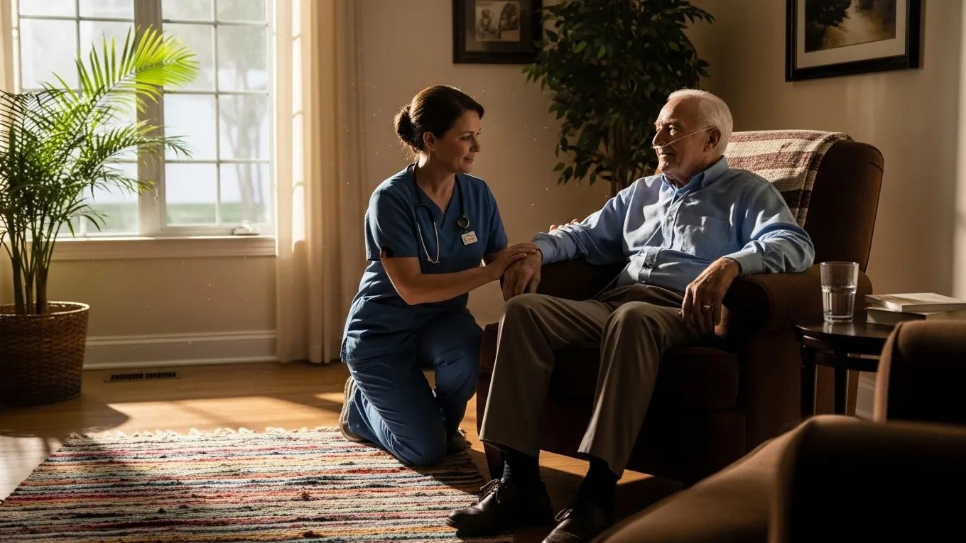 Hospice caregiver providing compassionate support to a COPD patient in a warm Southern California home setting