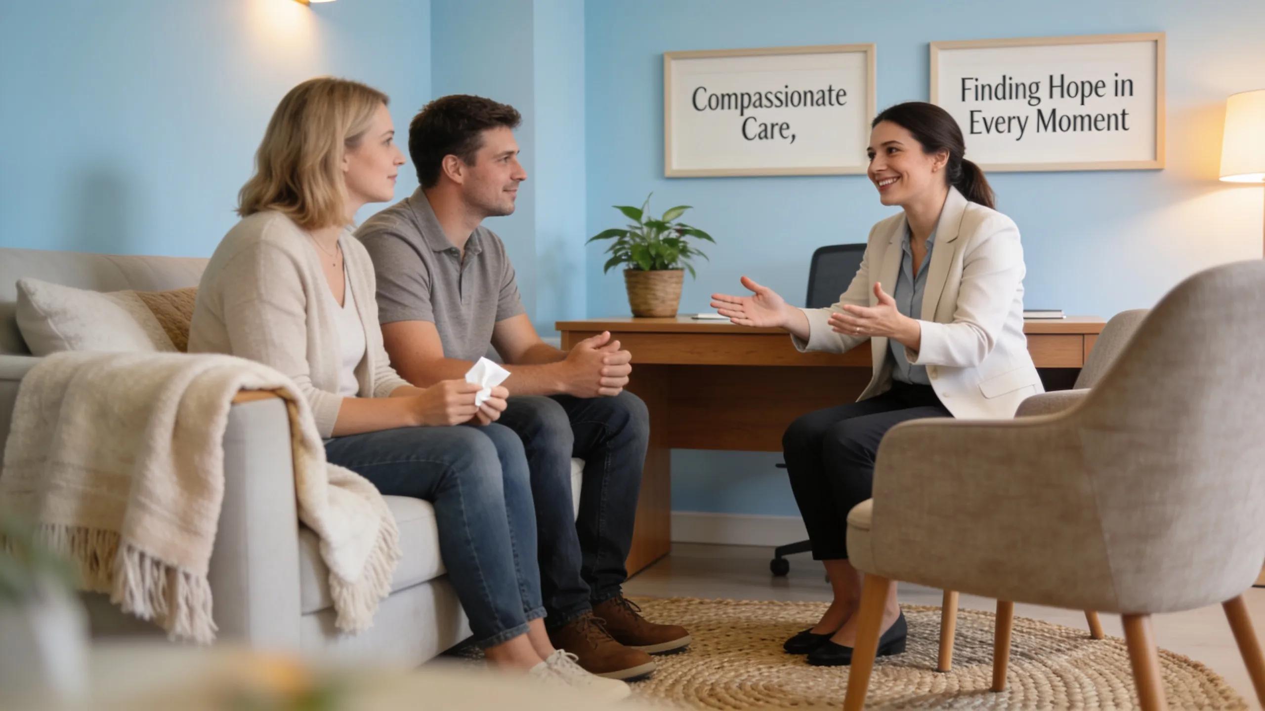 Hospice counselor providing guidance to a family, reinforcing support and education in hospice care