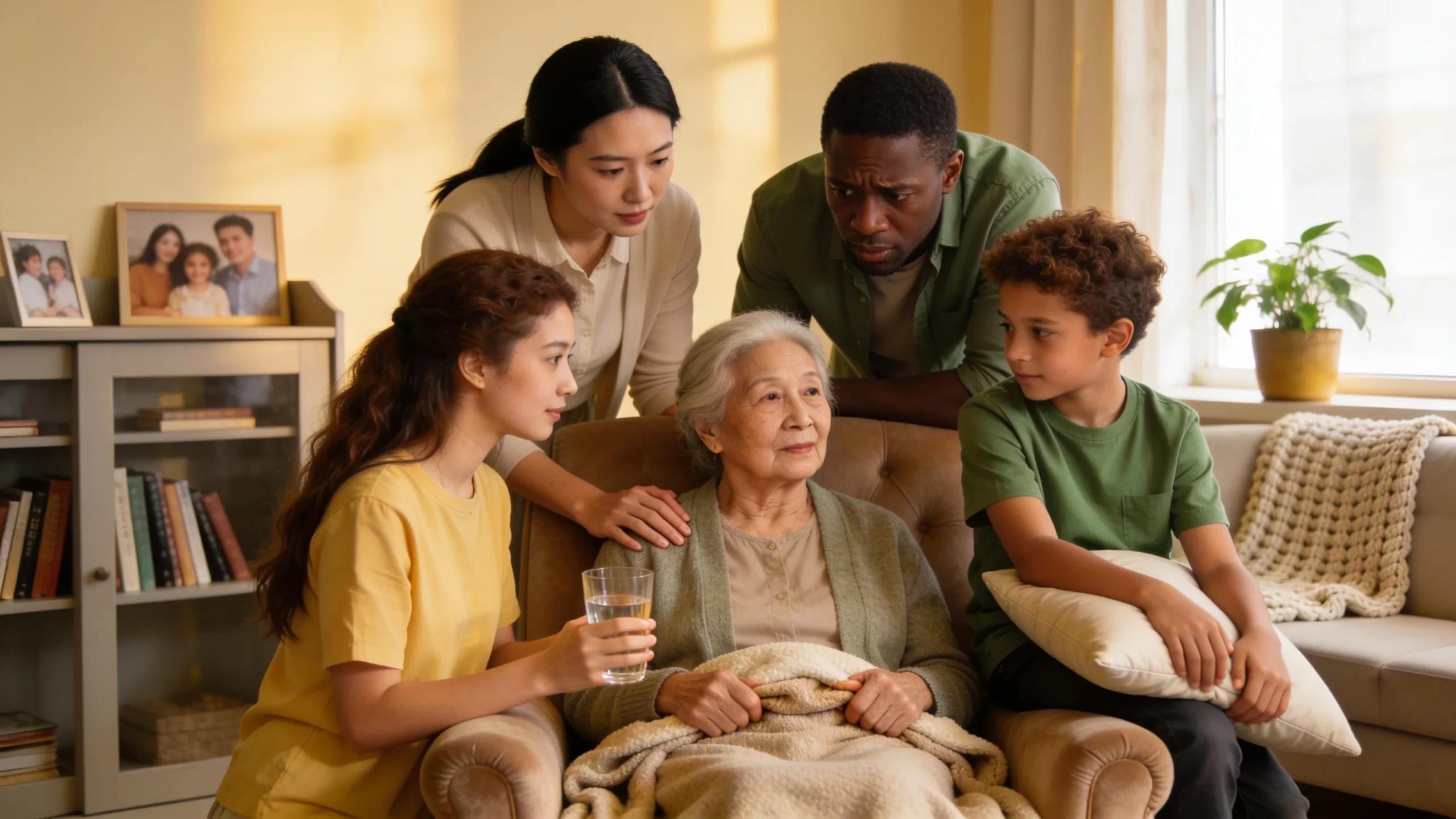 Family providing emotional support to a loved one in a comforting home environment