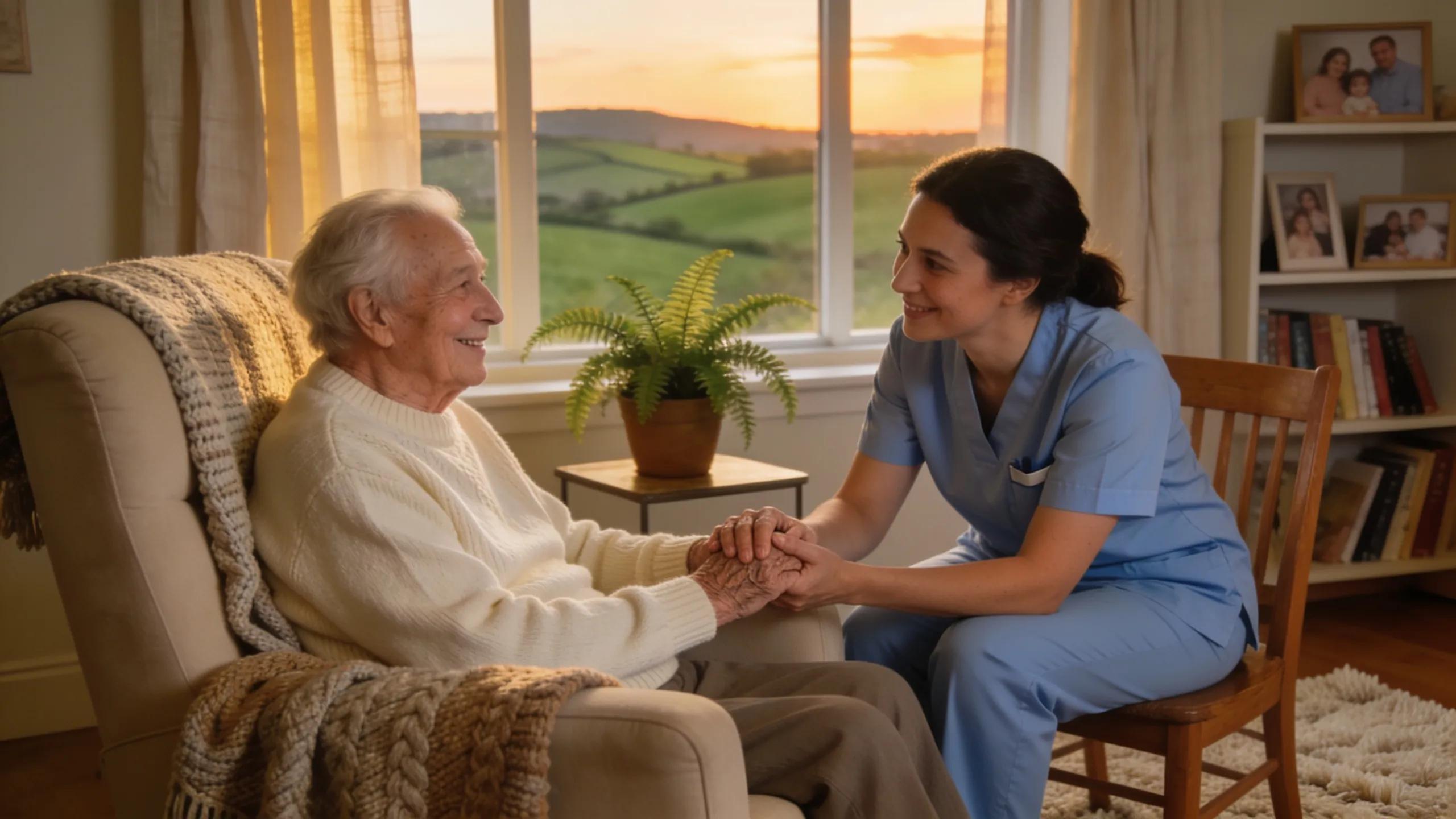 Hospice caregiver providing comfort to an elderly patient in a peaceful environment