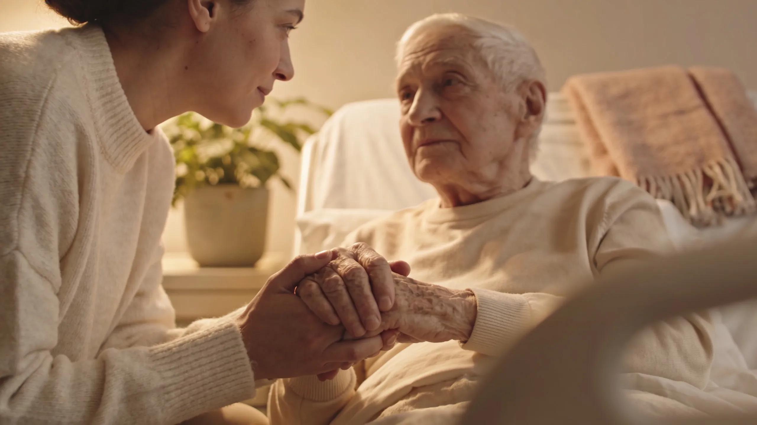 Family member supporting an elderly patient in hospice care