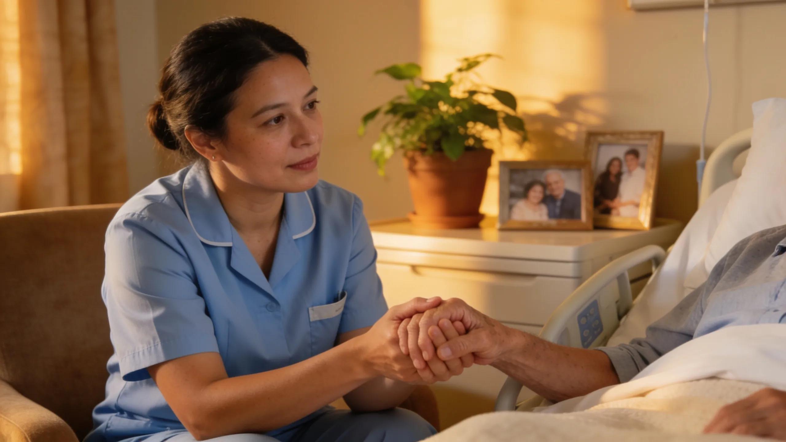 Caregiver holding the hand of a patient in a compassionate hospice setting