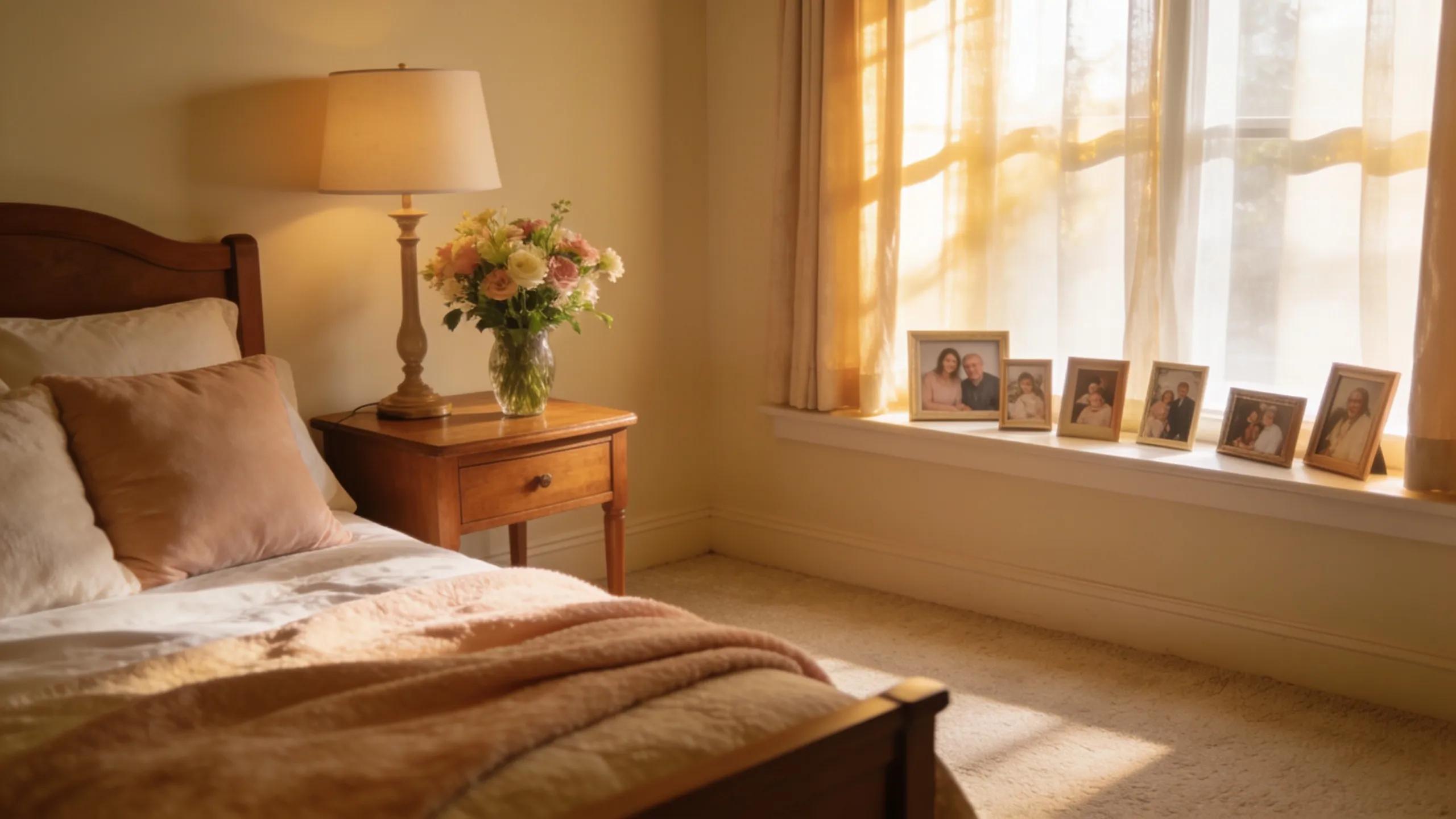 Comforting hospice room with personal touches promoting a peaceful environment
