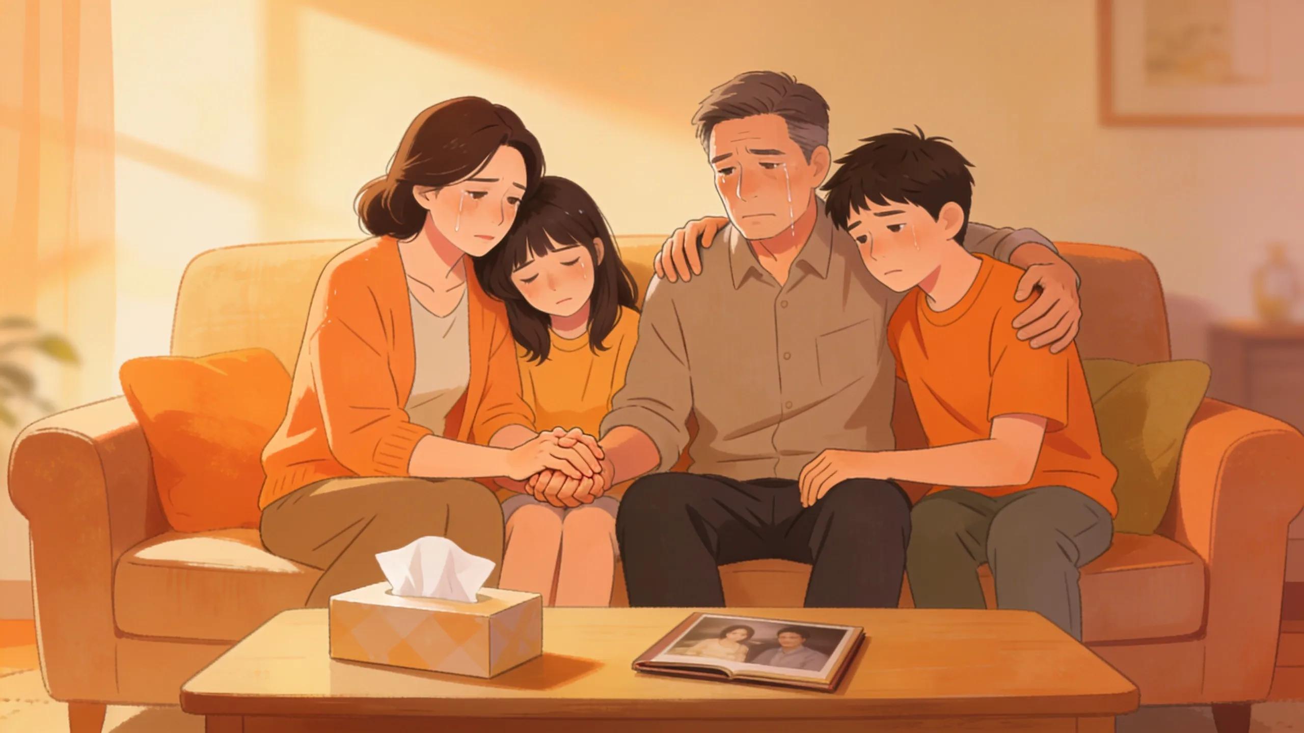 Family supporting each other in a warm environment, illustrating anticipatory grief and emotional connection
