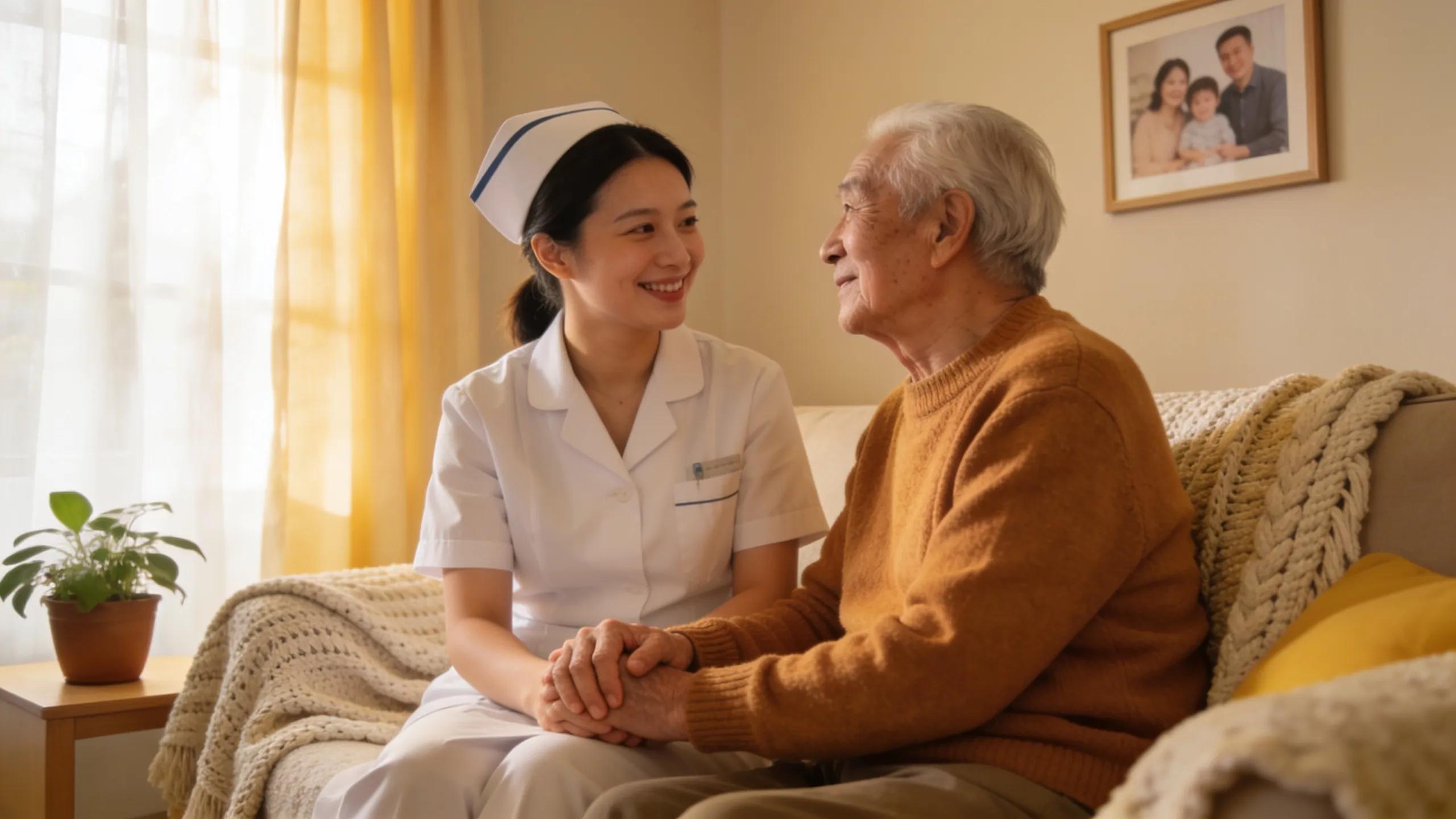 Caring nurse providing emotional support to an elderly patient in a comforting home environment