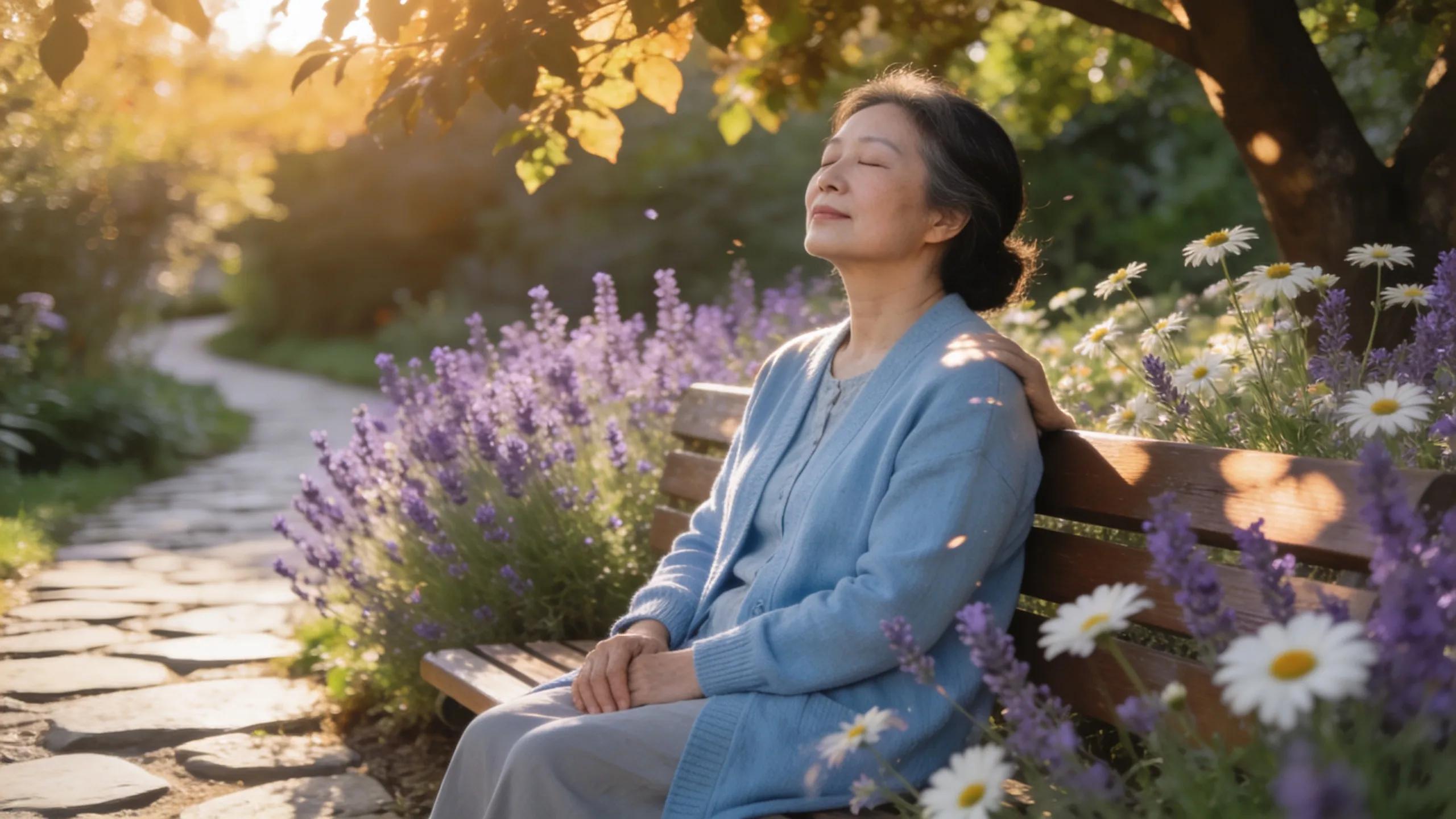 Family caregiver enjoying a moment of peace surrounded by a tranquil garden