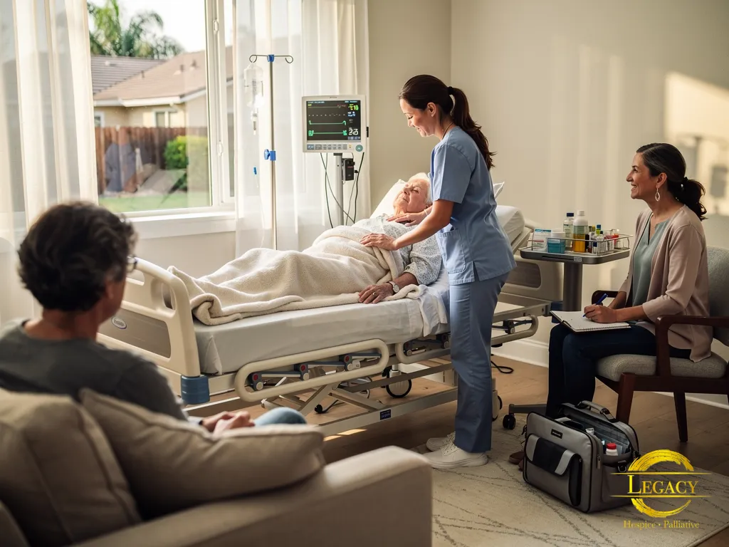hospice nurse comforting a patient at home in Pomona