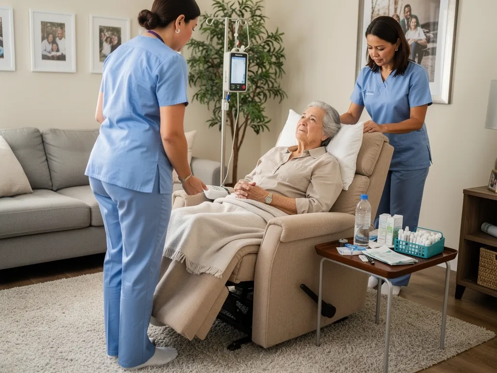Hospice caregiver assisting a patient at home in the East San Gabriel Valley
