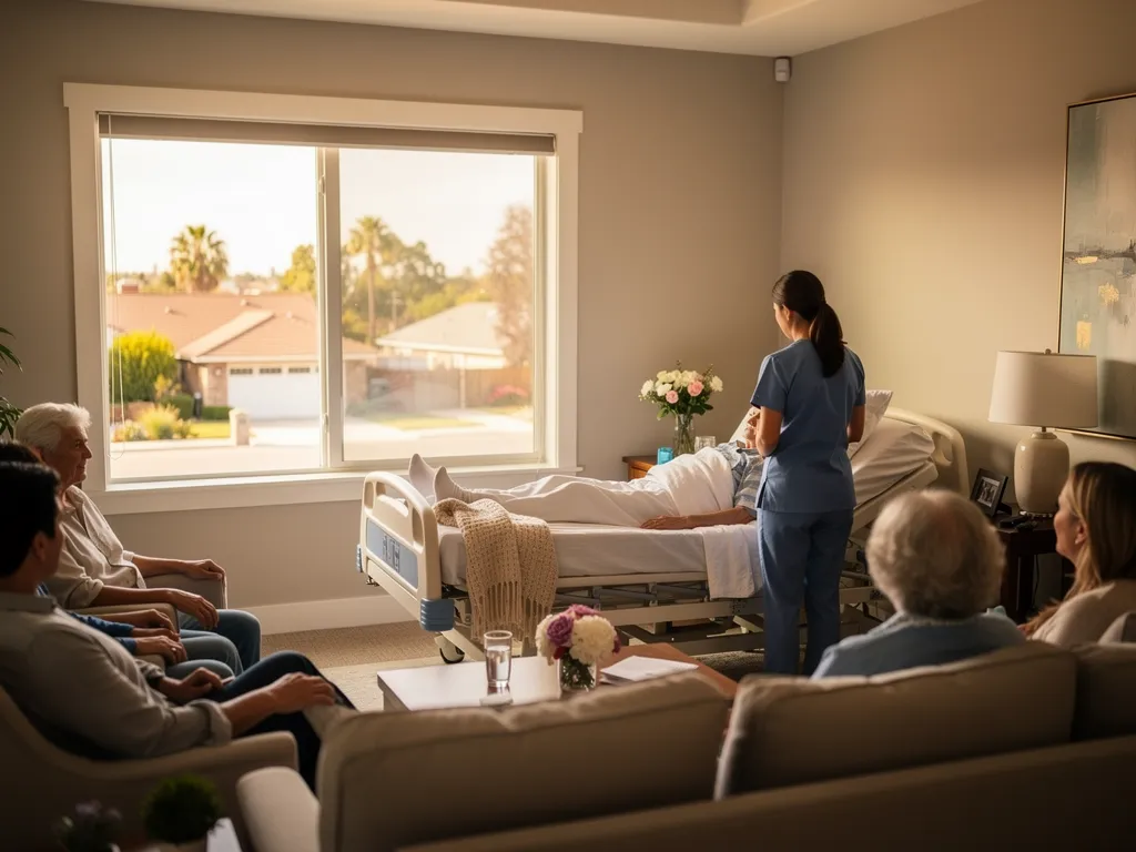 Family and hospice team sharing a comforting moment at home